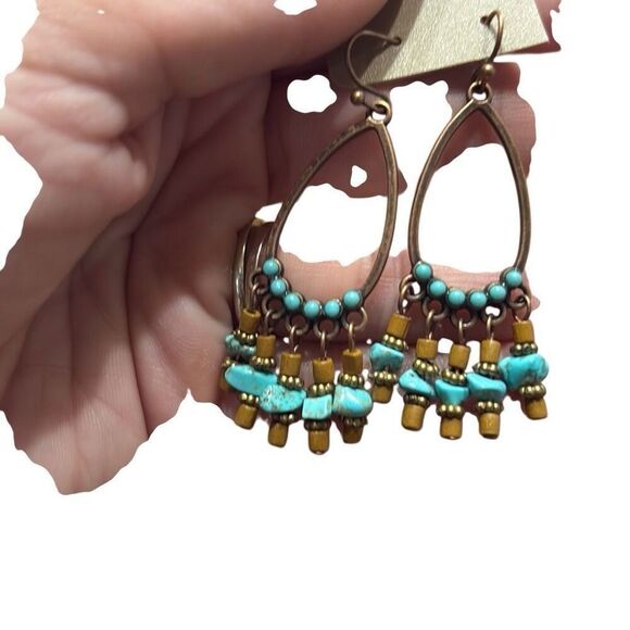 Silver Tone Turquoise Dangle Beaded Hoop Earrings Tribal Western Festival Rodeo - Picture 3 of 4